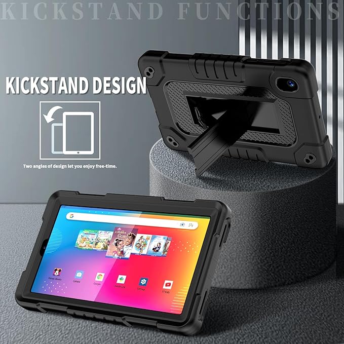 Shockproof Case for Walmart Onn 7 inch Tablet Case (2024 Model 100135924) Rugged Kids Friendly Case with Screen Protector Shoulder Strap Kickstand for Onn 7 4th Gen 2024 Model (Black+2Pcs)