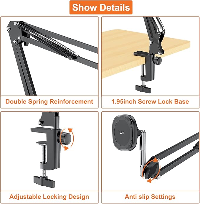 VRIG Overhead Phone Mount Stand with Magsafe Articulating Arm Cell Phone Holder for Desk Cell Phone Holder for Live Streams Zoom Calls Online Teaching Selfies Remote Working