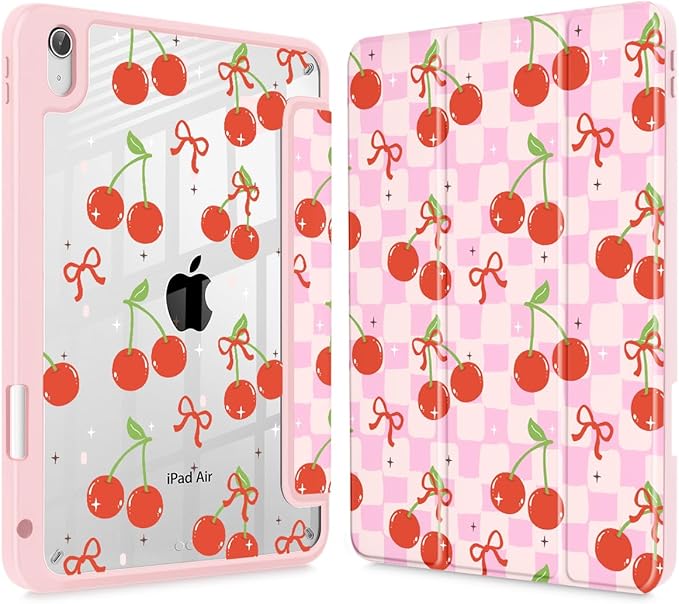 Case for iPad Air 11'' (M4 2026/M3 2025/M2 2024)/ iPad Air 10.9'' Air 5th /4th Gen Shockproof Cover with Clear Back Shell &amp Penceil Holder Auto Wake/Sleep Stand Cover Cherries and Bow