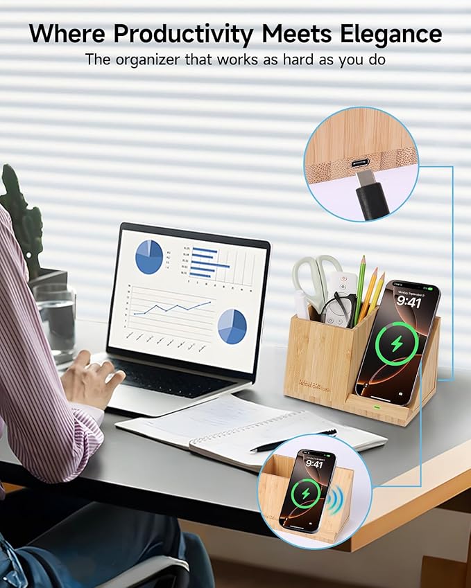 Bamboo Pen Holder for Desk &amp Nightstand Organizer with Fast Wireless Charging for iPhone Samsung &amp More – Office Desk Accessories for Men/Women (Bamboo)