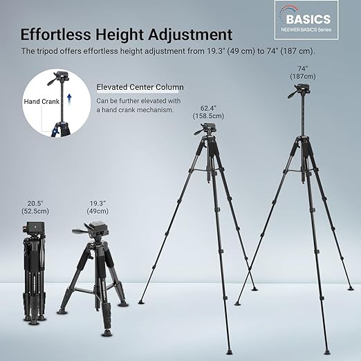 NEEWER Basics Camera Tripod 74 Tripod with Cell Phone Holder Mount Compatible with iPhone for Video Recording Professional Aluminum Lightweight Portable Travel Stand with 3 Way Pan Tilt Head TP56
