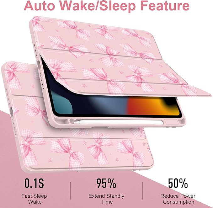 DONGKE for iPad 9th/8th/7th Generation Case 10.2 Inch (2021/2020/2019) [Auto Sleep/Wake &amp Pencil Holder] Clear Acrylic Back Trifold Stand Cover Gingham Bows