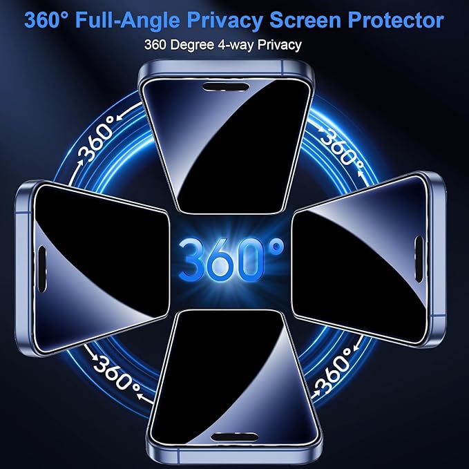 OneFish for iPhone 14 Pro Privacy Screen Protector 4-Way 360° Anti-Spy Tempered Glass 9H Hardness HD Clear Anti-Fingerprint 3D Curved Edges Case-Friendly &amp Easy Installation [2 Pack]