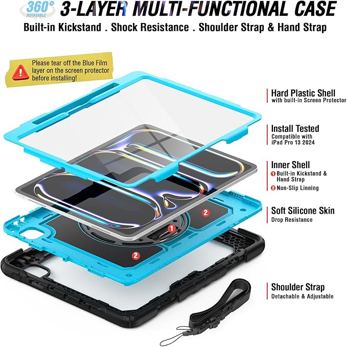 Herize Case Compatible with iPad Pro 13 Inch Case M4 with Screen Protector Pen Holder | Case for iPad Pro 7th Gen Model A2925/A2926/A3007 | Heavy Duty Rugged Case W/Stand Hand Shoulder Strap