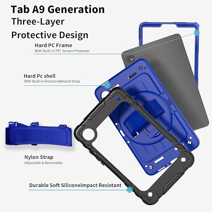 Case for Samsung Galaxy Tab A9 Case 8.7 Inch 2023 with 360 Rotating Hand Strap &amp Shoulder StrapProtective Case for Galaxy Tab A9 8.7 Tablet SM-X110/X115/X117 (Black+Blue)