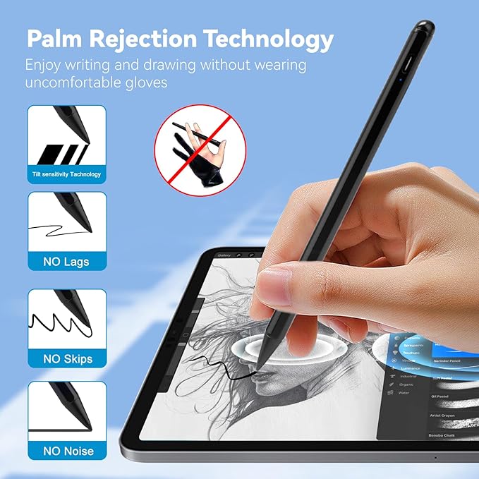 iPad 10th/9th/8th Generation 10.2 Stylus Pencil with Palm RejectionType C Charge 1.5mm POM Tip Active Drawing Writing Pen Compatible with Apple Pencil for iPad Pen 10.2-Inch 10th/9th/8th Black