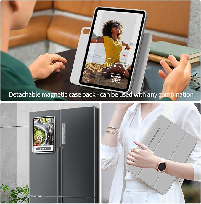 KENKE Magnetic Case for iPad A16 11th/10th Generation (11/10.9 Inch 2025/2022) with Pencil Holder Magnetic Detachable Hybrid Stand Clear Hard PC Back Shell Portrait/Landscape Angle Gray