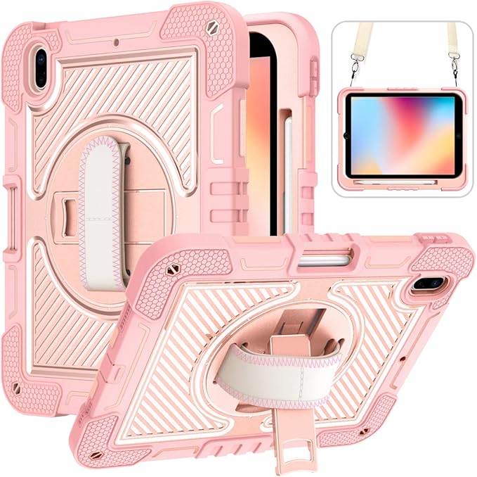 Dteck for iPad A16/10th Generation 2025/2022360° Rotate Hand Strap/Stand Full-Body Drop Rugged Protective Case with Shoulder Strap Kids Case for iPad 10th Generation iPad 10.9 Inch 2022Rosegold