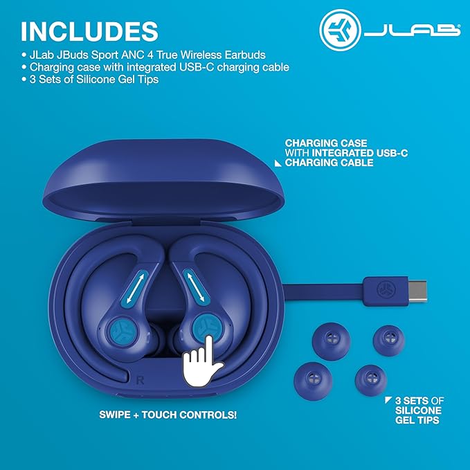 JLab JBuds Sport ANC 4 True Wireless Bluetooth Earbuds + Charging Case Cobalt Blue Swipe + Touch Controls Hybrid Active Noise Cancelation Multipoint Connect Customized Settings App