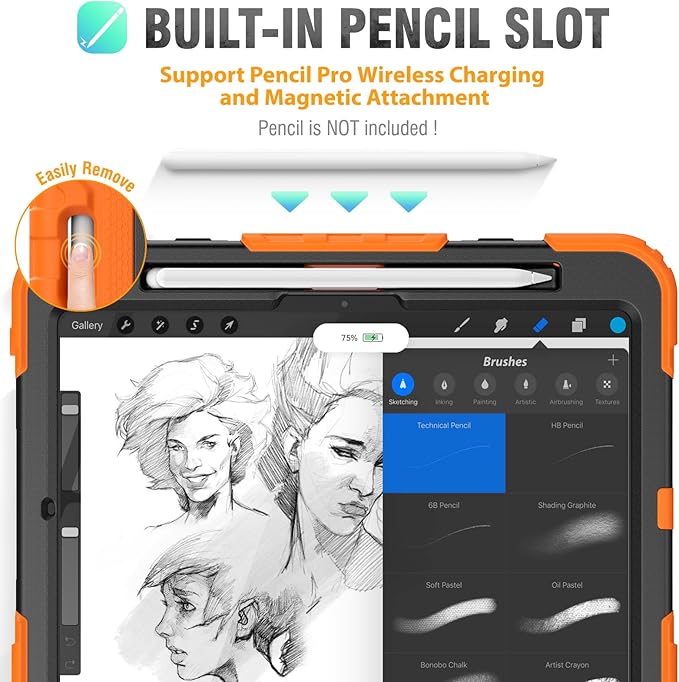 HXCASEAC for iPad Pro 11 Inch Case (M5/M4) 2025/2024 Shockproof Design with Pencil Holder Protector Rotating Stand Hand Strap Heavy Duty Protective iPad Pro11 6th/5th Generation Cover Orange