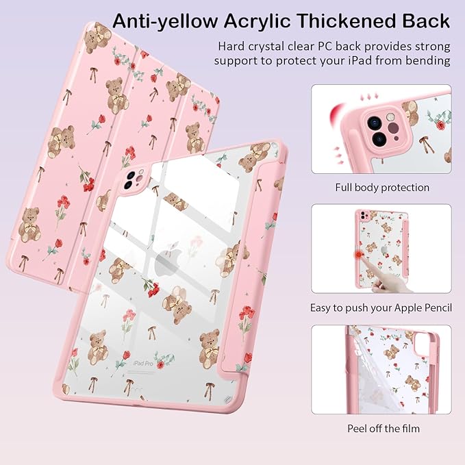 Cute Kawaii Bear Rose for iPad 7th/8th/9th Generation Case 10.2 Inch 2019/2020/2021 with Pencil Holder Auto Sleep/Wake Pink Leather Acrylic Back Cover