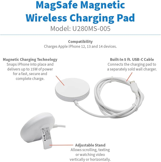 Eaton Tripp Lite Series Wireless Charger Pad 15W Magnetic Phone Charging Pad MagSafe MFi Charging for Apple iPhone iPad &amp AirPods 5ft Cable White 1-Year Warranty (U280MS-005)