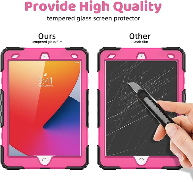 BLOSOMEET Case for iPad 9th Generation 2021 10.2 Inch with Tempered Glass Screen Protector &amp Pencil HolderProtective Kids iPad 7th/8th Gen Cover 2020 2019 w/Stand Hand Shoulder StrapRosered