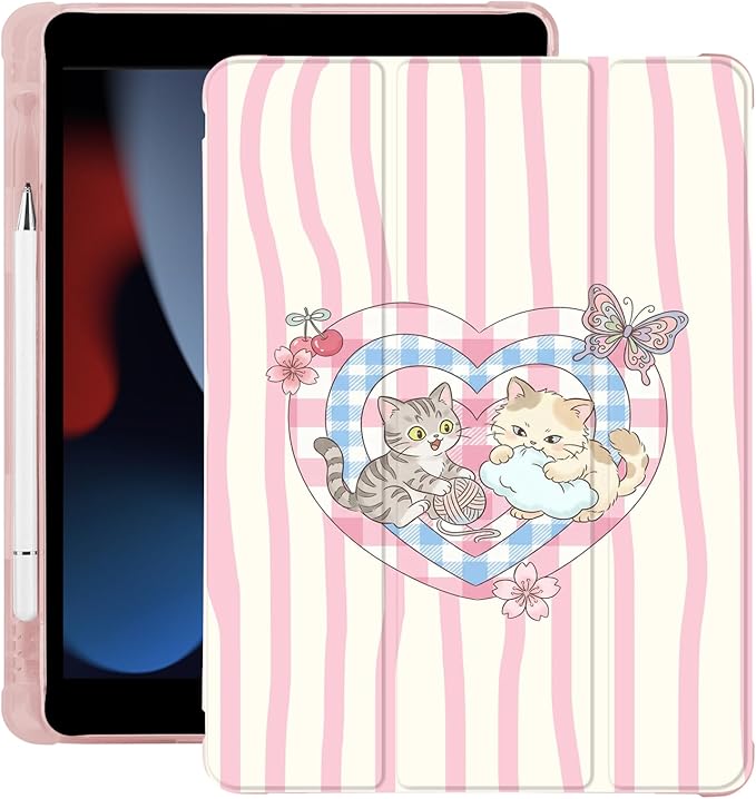 Cue Kawaii Kitten Cat Heart for iPad Air 3 Case with Pencil Holder Auto Sleep/Wake Pink Leather Soft TPU Back Cover for iPad Pro 10.5 Inch 2017