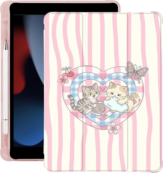 Cue Kawaii Kitten Cat Heart for iPad Air 3 Case with Pencil Holder Auto Sleep/Wake Pink Leather Soft TPU Back Cover for iPad Pro 10.5 Inch 2017