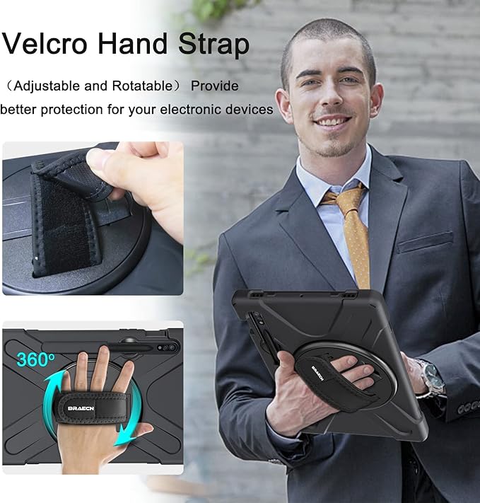 BRAECN for Samsung Galaxy Tab S10 Plus Case 2024/S9 Plus/S9 FE+/S8 Plus/S7 Plus /S7 FE 12.4 InchHeavy Duty Shockproof Case with S Pen Holder&amp360 Rotating Hand Strap/Kickstand Shoulder StrapBlack