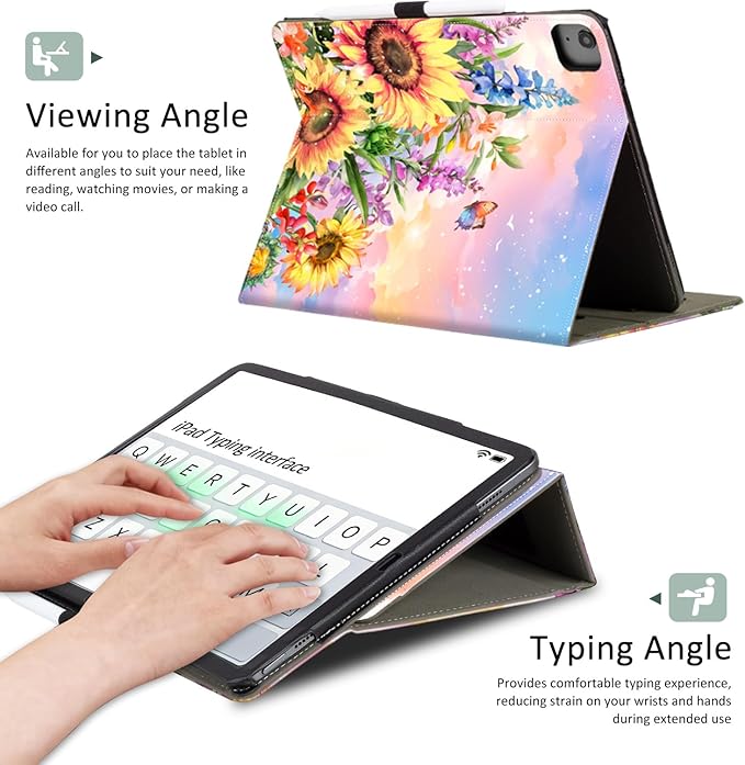 Lokigo Case for iPad Pro 13 Inch (M5/M4) for iPad Air 13 Inch (M4/M3/M2) for iPad Pro 12.9 Inch (6th/5th/4th/3rd) Gen Typing Stand Build with Pencil Holder/Card Pocket Auto Wake/Sleep Sunflower