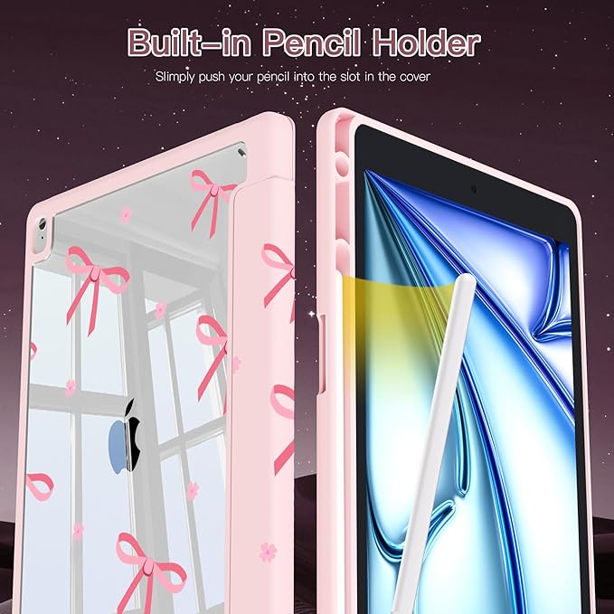 Teryeefi Case for iPad 9th Generation (2021) / 8th Generation (2020) / 7th Gen (2019) 10.2 Inch Kickstand PU + PC Clear Hard Shell Back Cover Protective Case with Built-in Pencil Holder (Pink Bow)