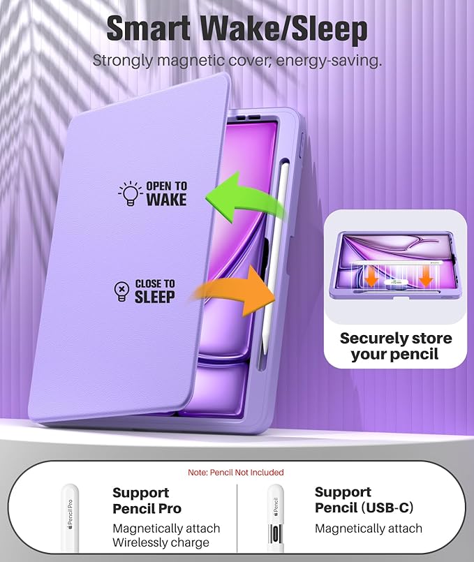 MoKo for iPad Air 13-Inch Case (M4/M3/M2) 2026/2025/2024 with Pencil Holder Heavy Duty 13 Inch iPad Air Case with Screen Protector Clear Back Lens Protector Multi-Angle Magnetic Stand Purple