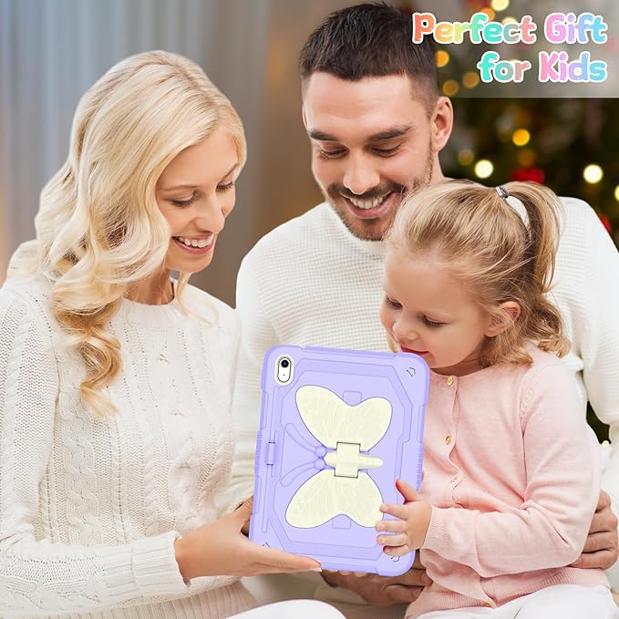 Case for iPad (A16) 11th/10th Generation 2025/2022 11/10.9 for Kids Girls with 9H Tempered Glass Screen Protector Rugged Shockproof Protective with Butterfly Stand Carrying Strap-Purple