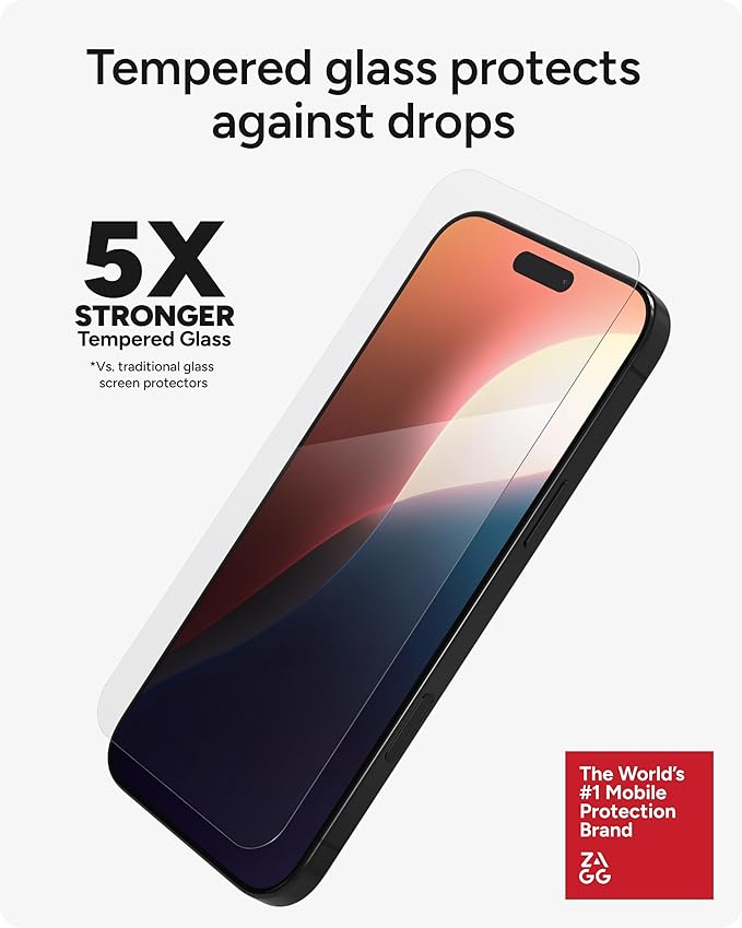 ZAGG Glass Elite Screen Protector for iPhone 16 Plus / 15 Plus - 5X Stronger Reinforced Edges Ultra-Strong Tempered Glass Scratch Resistant Anti-Smudge InvisibleShield Easy Installation Eco-Fri