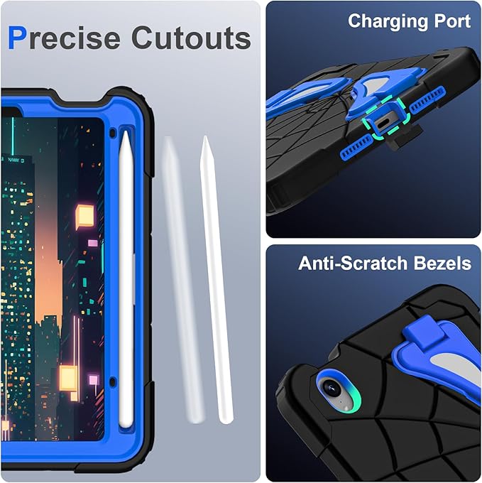 Kids Case for iPad mini 7 A17 Pro 2024/ Mini 6 8.3 inch Spider Case for iPad mini 7th 6th Generation Shockproof Durable Full Protective Cover with Pencil Holder Kickstand (Black+Blue)