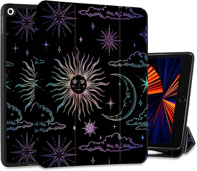 DONGKE Case Compatible with iPad 10.2 Inch 2021 2020 2019 iPad 9th/8th/7th Generation with Pencil Holder Slim Stand Protective Case with Soft TPU Back Auto Sleep/Wake Cover Sun &amp Moon
