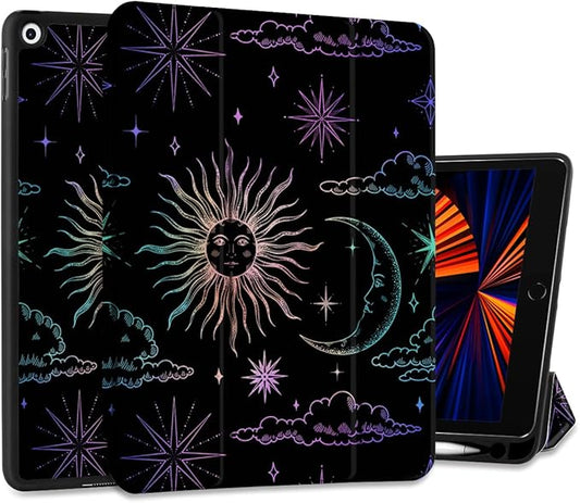 DONGKE Case Compatible with iPad 10.2 Inch 2021 2020 2019 iPad 9th/8th/7th Generation with Pencil Holder Slim Stand Protective Case with Soft TPU Back Auto Sleep/Wake Cover Sun &amp Moon