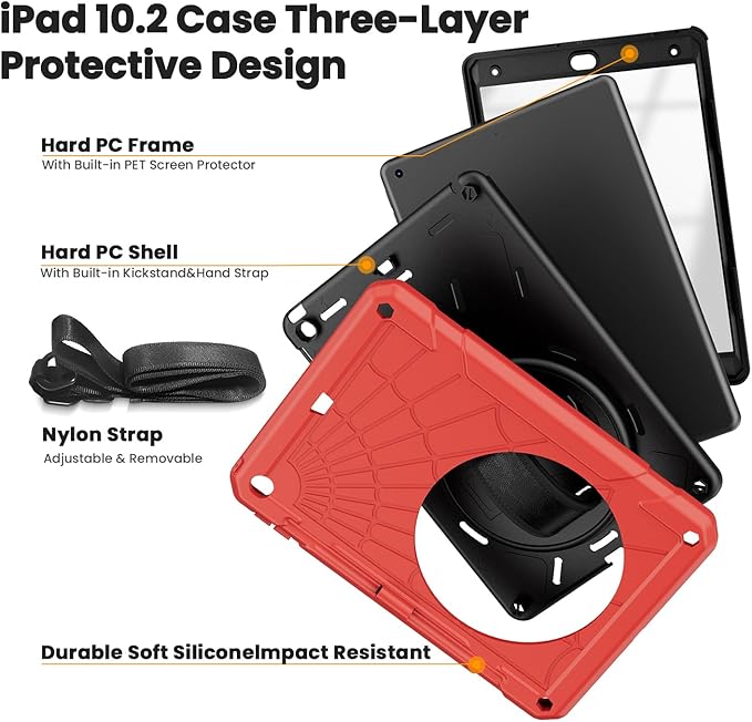 for iPad 9th Generation 2021/ iPad 8th Generation 2020/ iPad 7th Generation 2019 Case with Screen Protector Pencil Holder [360° Rotating Hand Strap] &amp Stand for iPad 10.2 inch (Red)