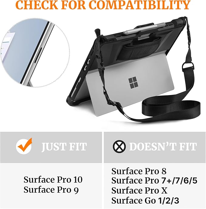 Microsoft Surface Pro 11/10/9 Case with Hand &amp Shoulder Strap Pen Holder Compatible with Type Cover Keyboard Rugged Protective Cover