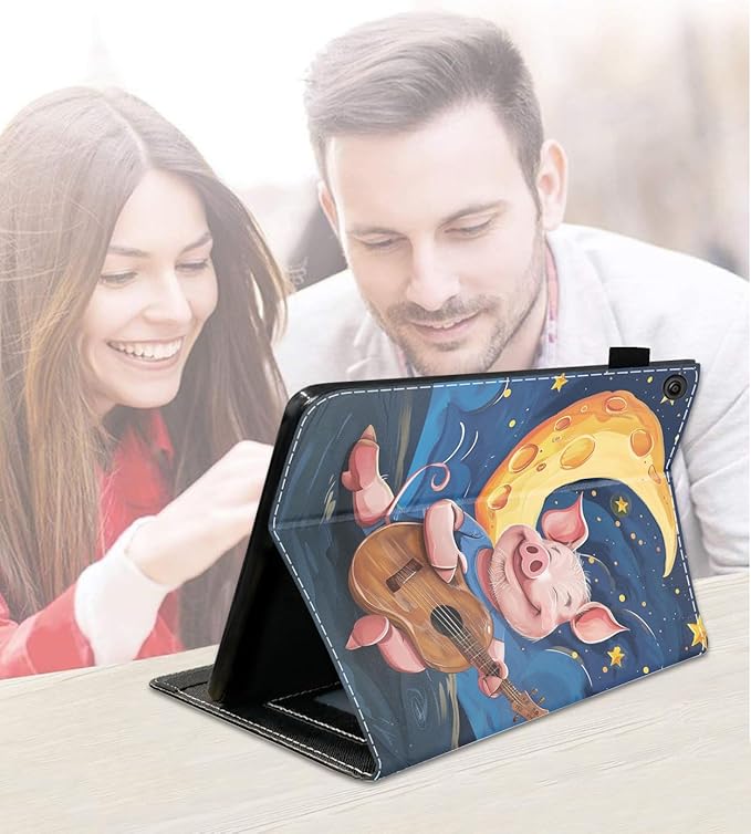 Case for Amazon Kindle Fire 7 Tablet (7 9th/7th Generation 2019/2017 Release) Slim PU Leather Cover with Card Slot &amp Auto Wake/Sleep Watercolor Art Pig Playing Guitar