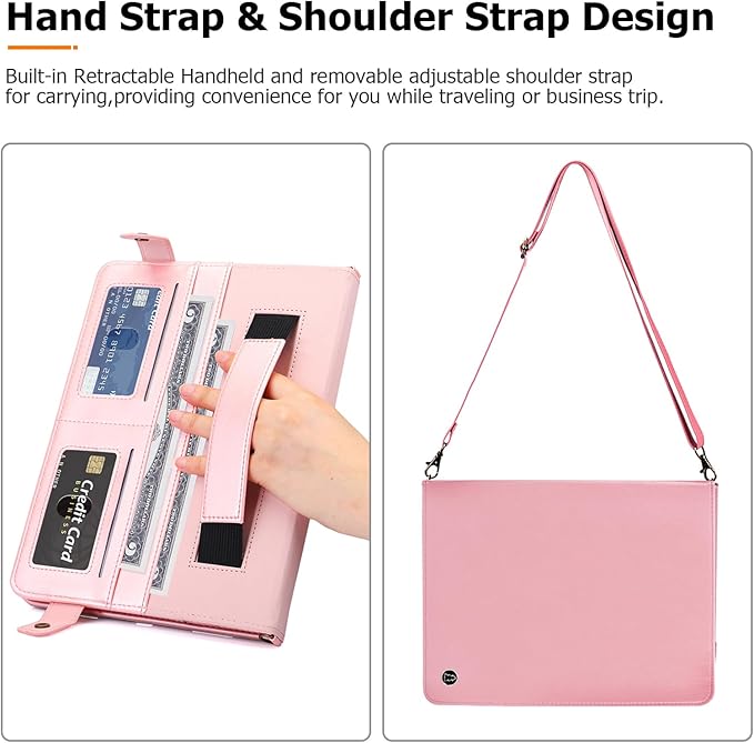 Dteck Galaxy Tab S10/S9/S8 Case Business PU Leather Folio Stand with S Pen Holder Card Slots Shoulder Hand Strap Wallet Rosegold