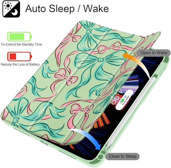 Tuiklol for 2025 iPad (A16 Chip) 11th Generation 11 inch/iPad 10th Generation 10.9 inch 2022 Case Buit in Pencil Holder with Clear Back Shell Cover Trifold Stand Auto Wake/SleepRibbon Bow Green