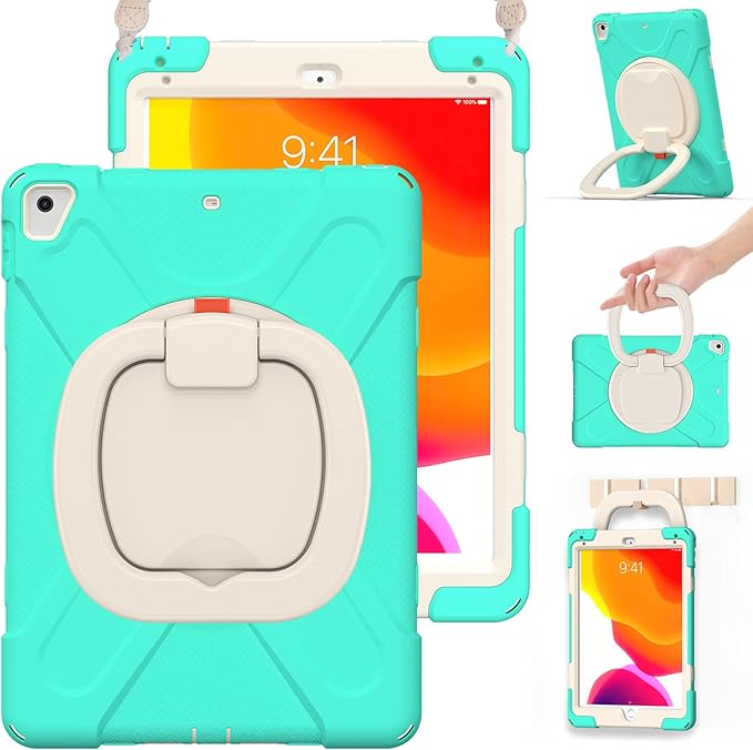 BRAECN Silicone Case for 9.7 Inch iPad 6th/5th Generation Full-Body Protective Case with 360° Rotating&amp180 ° Folding Hand GripPencil Holder Kickstand Shoulder Strap for iPad 6th/5th Gen-Mint G