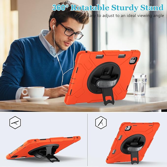 Case for iPad Pro 13 Inch M5 2025/ M4 2024: Military Grade Cover for iPad Pro 13 with Screen Protector - Stand - Handle - Shoulder Strap - Pencil Holder- Orange
