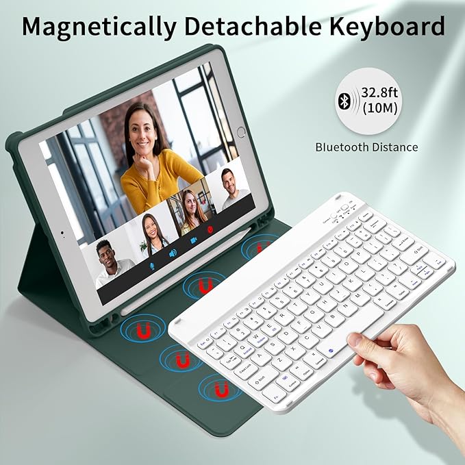 kenke for iPad 6/5th Generation Case with Keyboard 9.7 Inch 2018/2017 iPad Air 2/1 Detachable Wireless Bluetooth iPad Keyboard Case with Built-in Left Side Pencil Holder Auto Wake/Sleep(Dark Green)