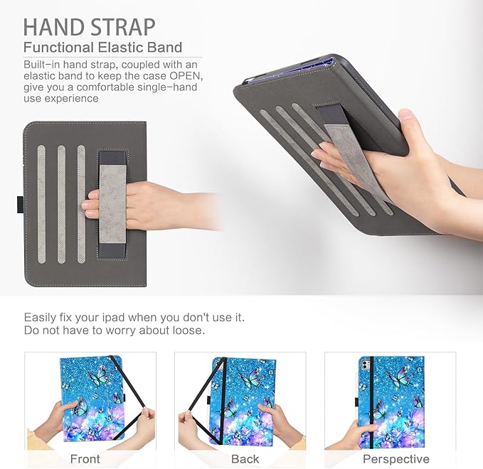 iPad Pro 13 inch Case (M5)2025 Case for iPad Pro 13-inch (M4) 2024 with Pencil Holder Multi-Angle View Adjustable Stand Shockproof Protective with Pocket/Hand Strap/Auto Wake SleepFlowers Butterfly