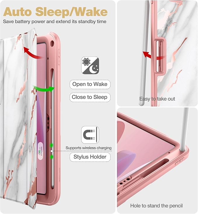 SURITCH Case for iPad (A16) 11th Generation 11 Inch 2025/iPad 10th Generation 10.9 Inch 2022 with Screen Protector Pencil Holder Tri-fold Stand Auto Wake/Sleep Shockproof Protection White Marble
