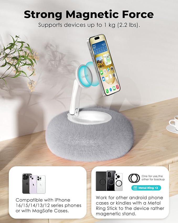 Viozon Phone Holder for Bed Magnetic Pillow Stand Compatible with 4-7 Phone/Kindle with Small Storage Removable Suction Base for Stability Idea for Kindle Reading and Video Watching On BedGrey