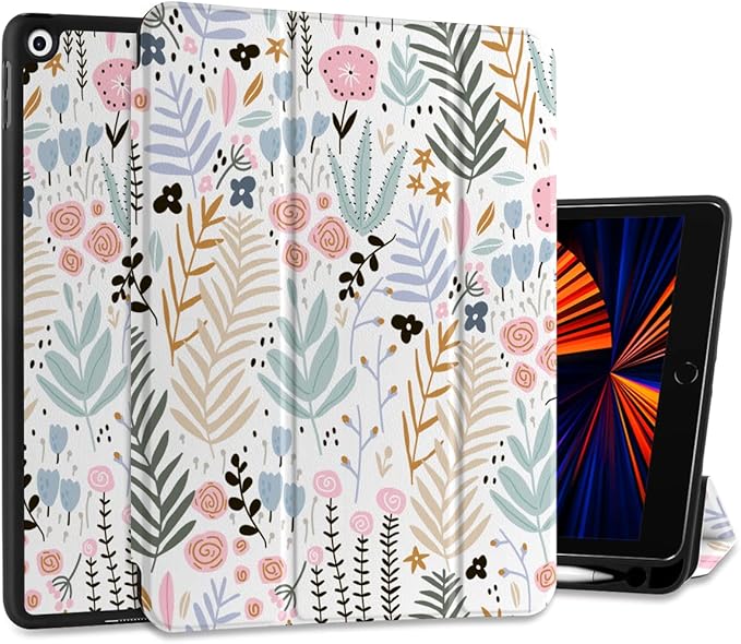 DONGKE Case Compatible with iPad 10.2 Inch 2021 2020 2019 iPad 9th/8th/7th Generation with Pencil Holder Slim Stand Protective Case with Soft TPU Back Auto Sleep/Wake Cover Cute Florals