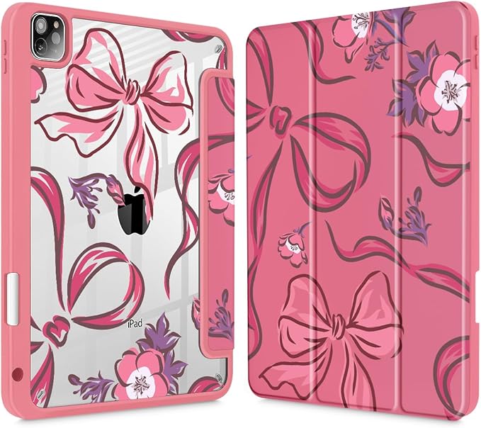 Mektron Case for iPad Pro 11 inch (4th 3rd 2nd &amp 1st Gen) 2022 2021 2020 2018 Buit in Pencil Holder with Shockproof Cover Clear Shell + Auto Wake/Sleep Flowers-Bows-Red
