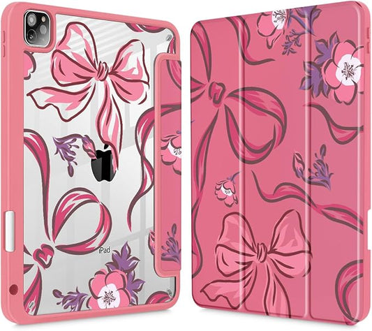 Mektron Case for iPad Pro 11 inch (4th 3rd 2nd &amp 1st Gen) 2022 2021 2020 2018 Buit in Pencil Holder with Shockproof Cover Clear Shell + Auto Wake/Sleep Flowers-Bows-Red