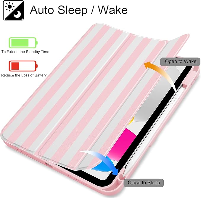 Tuiklol Case for iPad 11 inch (A16 Chip) 2025 Gen 11th / iPad 10.9 inch 2022 10th Gen Buit in Pencil Holder with Shockproof Cover Clear Transparent Back Shell Auto Wake/SleepPink Striped
