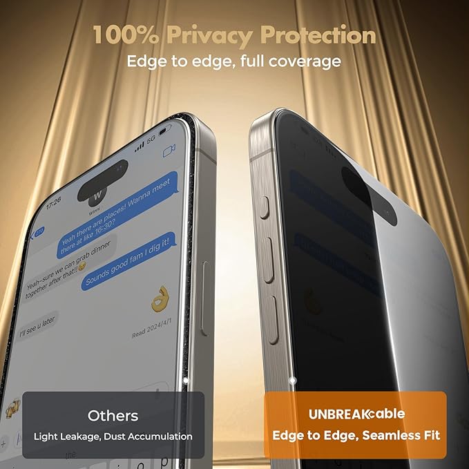 UNBREAKcable Privacy Screen Protector for iPhone 15 Pro Max Full Coverage Shatterproof Tempered Glass[True 28°Anti Spy][9H Hardness][Easy Installation Frame]2-Pack Private Screen for iPhone 15 ProMax