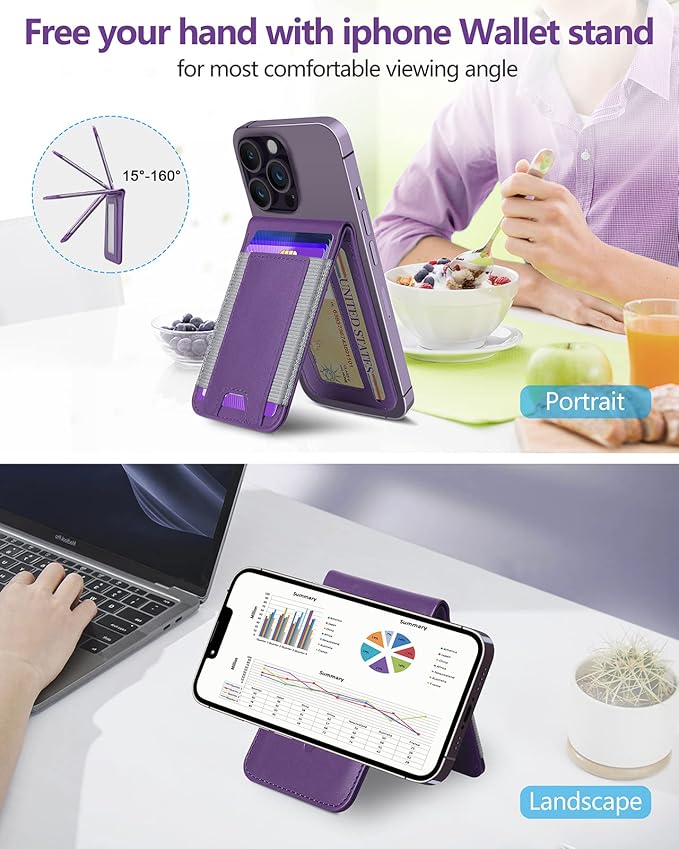 ExtreLife 2-in-1 Magsafe Wallet Adjustable Phone Stand Open ID Window Magnetic Wallet for iPhone 17/16/15/14 Pro Max/14 Pro/14/14 Plus/13/12 Series 9 Cards Holder Vegan Leather Purple
