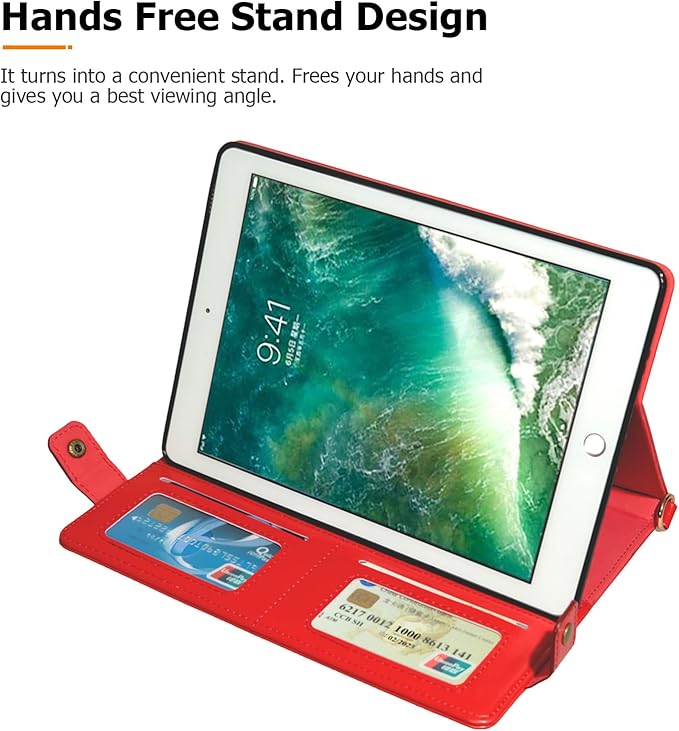 Dteck Case for iPad 6th/5th Generation 9.7 Inch 2018/2017/iPad Air 2/1Premium PU Leather Business Folio Stand Smart Auto Wake/Sleep Cover Shoulder/Hand Strap Pencil Holder Wallet CaseRed