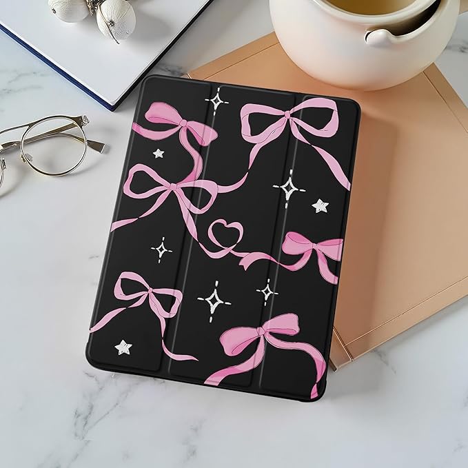 Idocolors Case for iPad 11 inch (A16 Chip) 2025 Generation 11th / iPad 10.9 inch 2022 10th Gen Built-in Pencil Holder with Soft TPU Shockproof Back Shell Auto Wake/Sleep Pink Ribbon Bow-Black