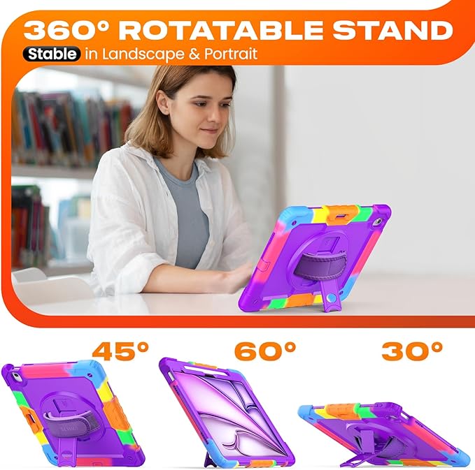 SEYMAC stock Case for iPad Air 13-inch M4-M2 2026-2024 (Gen 8-6) Shockproof Heavy Duty Case with Screen Protector Pencil Holder Rotating Stand Hand Strap Shoulder Strap Purple