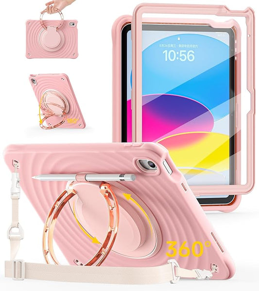 BRAECN Ripple Case for iPad (A16)11th/10th Generation 11/10.9 inch 2025/2022 Zinc Alloy Handle Ring Stand Protective Heavy Duty Screen Protector 360°Rotating 180°Folding Shoulder Strap Full-Body Cover