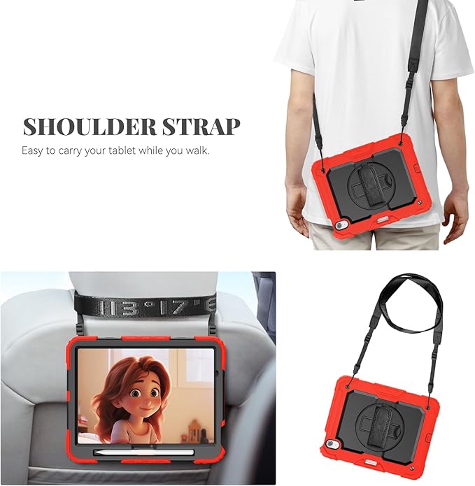 BLOSOMEET Construction Case for iPad Air 11 Inch 2025 M3 &amp 2024 M2 with Tempered Glass Screen Protector &amp Shoulder StrapProtective Cover with Stand Pencil Holder Hand Strap (Red)